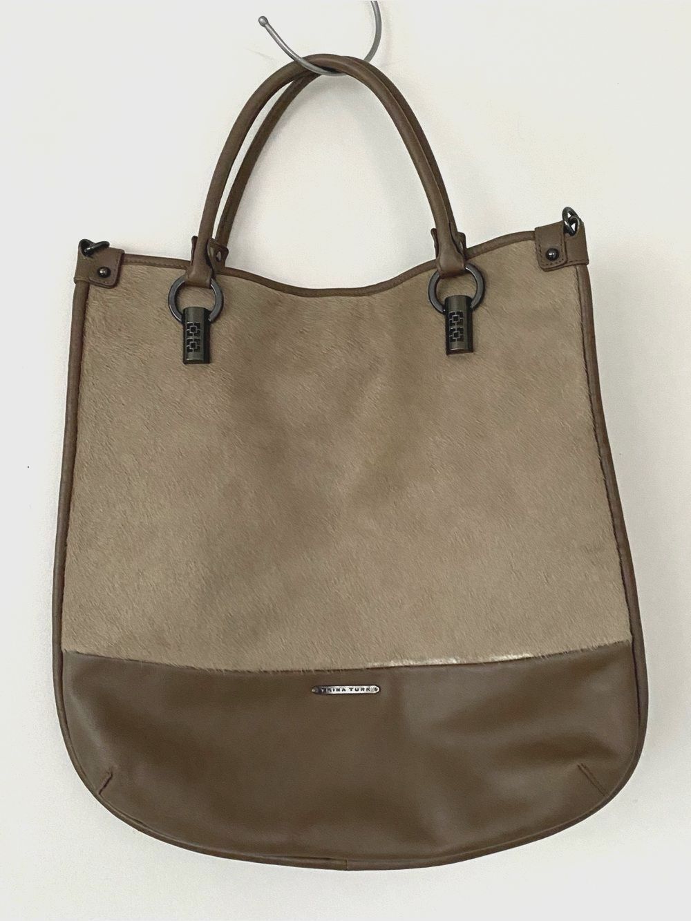 Trina Turk Two-Tone Cowhide Leather Tan Brown 2-Ways Tote Quiet Luxury Boho Chic
